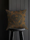Square pillow cover featuring a detailed copper dragonfly illustration centered in a circular medallion with moon phases and Art Deco geometric patterns on a dark gray background.
